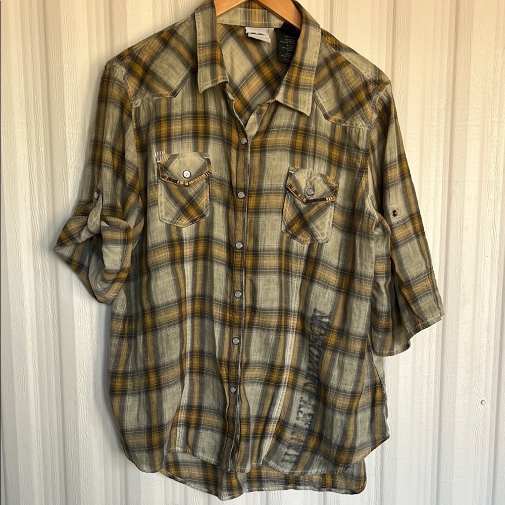 HARLEY DAVIDSON Short Sleeve Pearl Button Shirt in Gold Gray Plaid Womens 2XL - Picture 2 of 8
